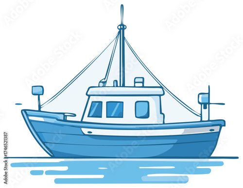 Blue Fishing Boat Illustration Simple Design on Water