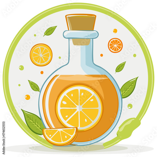 Vibrant orange essence bottle with citrus fruit slices and green leaves in a circle design