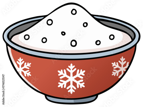 Illustration of a Red Bowl Filled with White Powder, Decorated with Snowflakes for Festive Baking and Culinary Designs