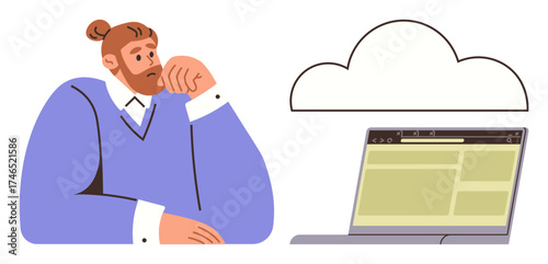Man pondering while viewing laptop, cloud above representing digital data storage. Ideal for technology, innovation, decision-making, remote work, modern workspace, IT solutions, simple flat metaphor