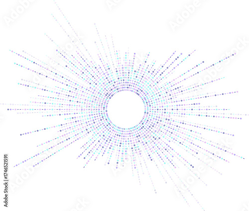 Radiating binary streams form circular data burst. Digital visualization for AI, machine learning or big data processing. Abstract graphic for illustration network, cloud or algorithmic system design