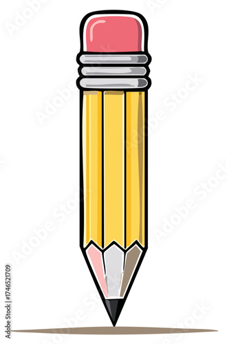 Cartoon illustration of a yellow pencil with eraser and lead