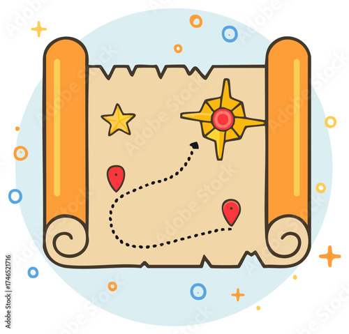 Cartoon Treasure Map Illustration with Stars, Compass Rose and Red Location Markers on Rolled Parchment