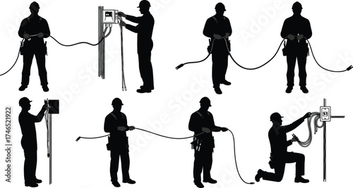 Electrician silhouettes, electrical work, wiring installation, maintenance tasks, safety gear, professional tools, construction labor, power systems, workplace industry, technical service illustration