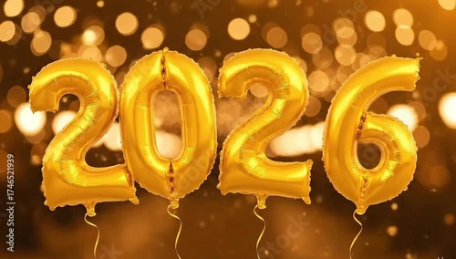 An animation of gold foil balloons forming the numbers 2026. Beautiful and festive video