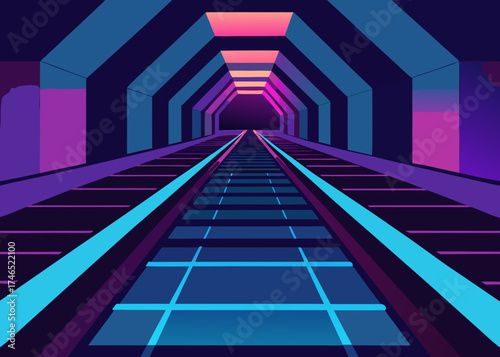futuristic tunnel neon lights reflective surfaces illustration