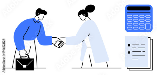 Businessman and woman shaking hands, signifying agreement or collaboration, with a briefcase, calculator, and documents nearby. Ideal for cooperation, partnership, business, negotiation