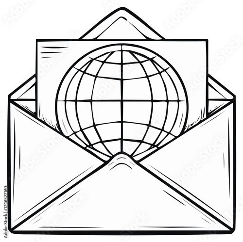 Hand drawn illustration of a world globe on a letter in an open envelope