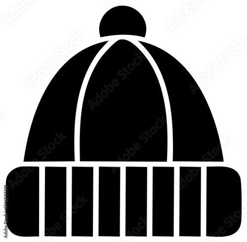 Black and white hat icon illustration, beanie cap silhouette, warm winter wear