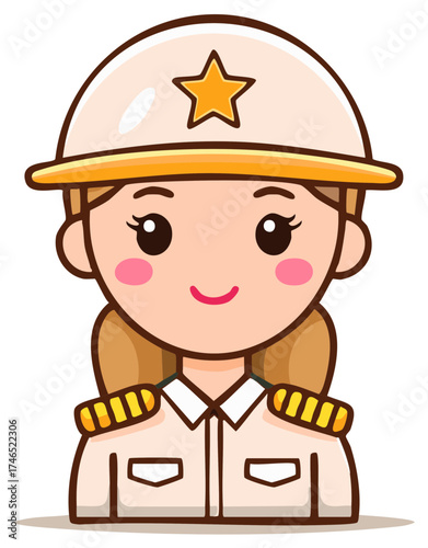 Cute Cartoon Female Police Officer Wearing Uniform and Hat with Star