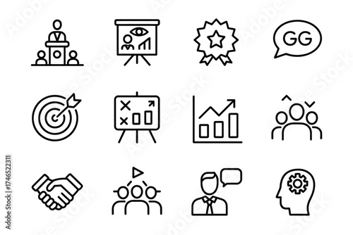 Business Strategy and Management Icon Set for Corporate Success and Growth with Teamwork and Innovation