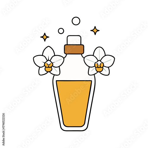 Modern flat vector illustration of a sleek essential oil bottle with orchid flowers and sparkles