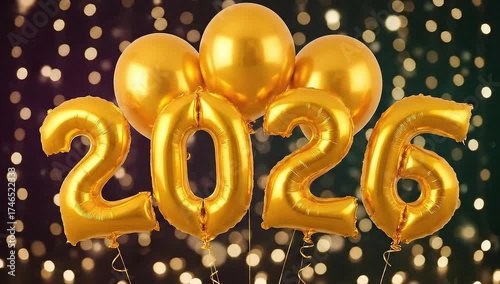An animation of gold foil balloons showing the number 2026, with other round balloons. This beautiful and festive video features a magical background of bokeh lights