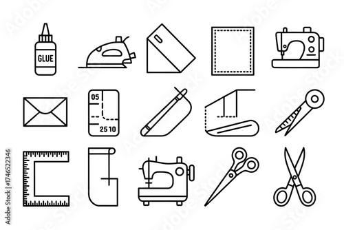 Sewing and crafting equipment black and white outline icons set for sewing projects and hobby materials