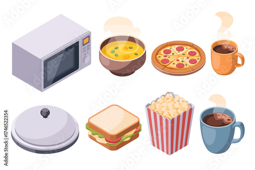 Isometric Food Collection Featuring Pizza Soup Coffee Popcorn Sandwich and Microwave Oven Ready for Cooking and Enjoying Delicious Meals