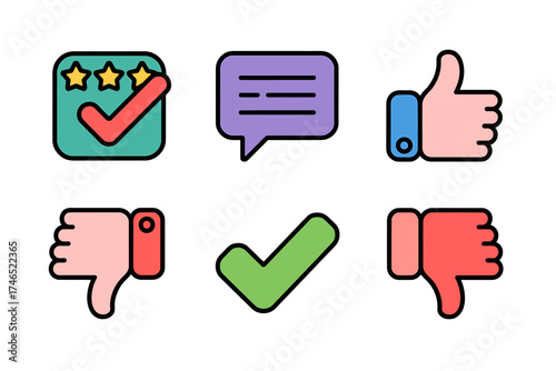 Feedback and Ratings Icons Set with Thumbs Up Thumbs Down Checkmark and Stars for User Experience Design