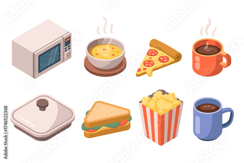 Isometric Food Illustration Collection Featuring Microwave Soup Pizza Coffee Sandwich and Popcorn Delightful Culinary Icons