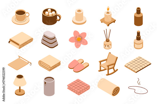 Isometric Spa and Relaxation Items Collection Promoting Self Care and Wellness Retreats for Mindful Living