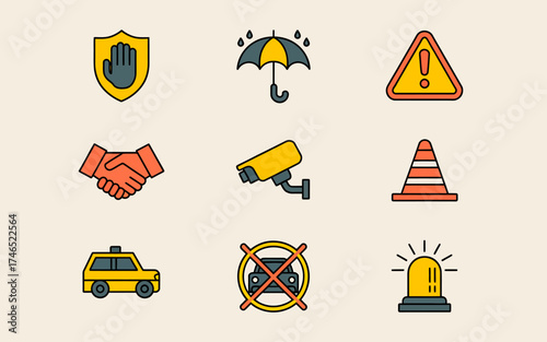 Safety Security and Transportation Icons Set in Flat Design Style Featuring Handshake Umbrella and Security Camera Visual Elements