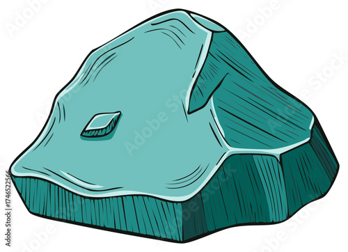 Cartoonish aqua rock illustration with hatch marks for texture and shiny surface, vector isolated