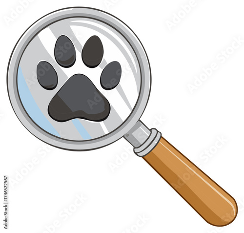 Magnifying glass examining animal paw print for investigation or discovery