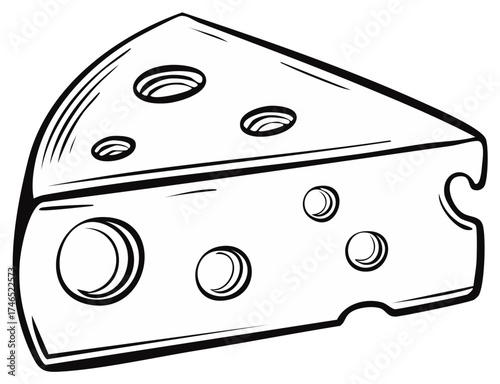 Classic triangular wedge of Swiss cheese line art drawing illustration