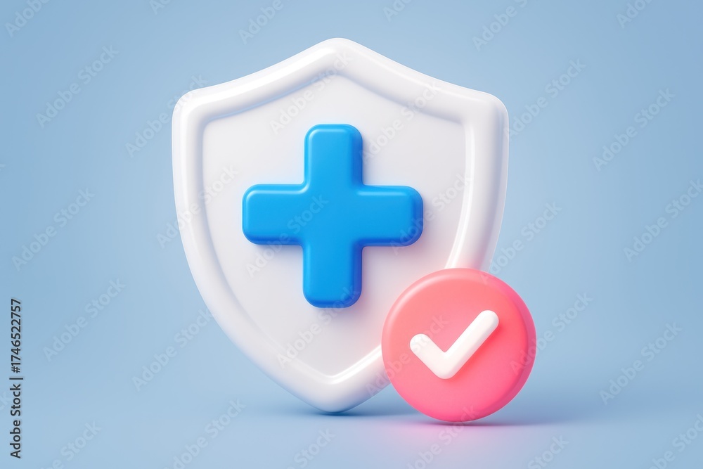 Fototapeta premium 3D glossy white shield with blue medical cross, pink checkmark, light blue background