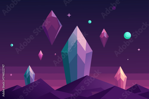 surreal floating crystals dark gradient sky