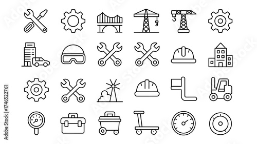 Vector Icons Set Related to Construction Engineering and Industrial Development Featuring Tools Equipment and Infrastructure in Line Style