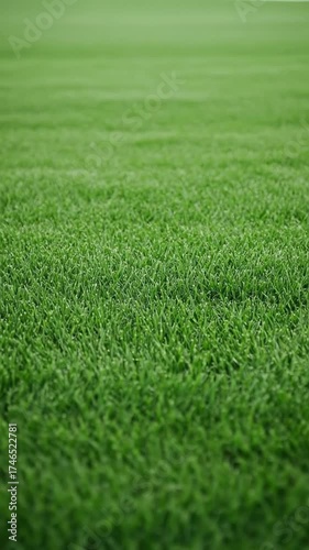 This serene and vibrant close-up shot captures the lush, meticulously maintained green grass, showcasing its intricate texture and soft, natural beauty. The shallow depth of field draws the viewer's e