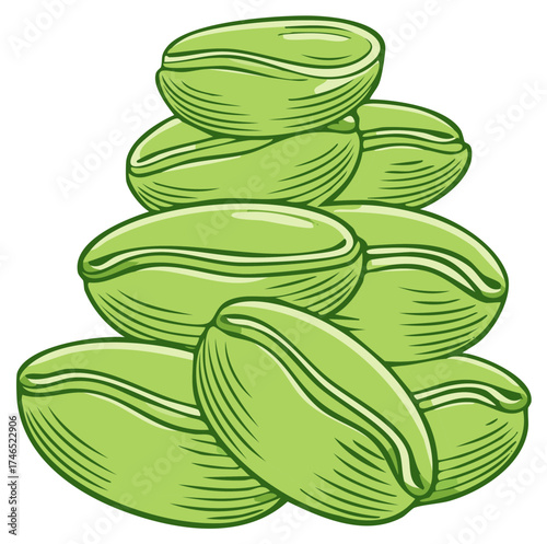 Pile of green pistachio nuts,  stacked in a pyramid shape, cartoon illustration