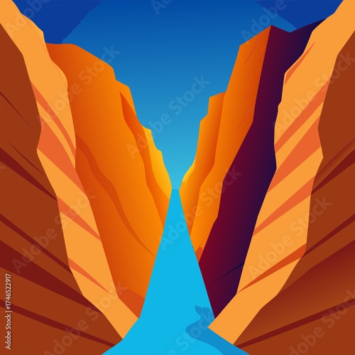 Breathtaking low angle view of a narrow slot canyon with vivid orange and blue colors