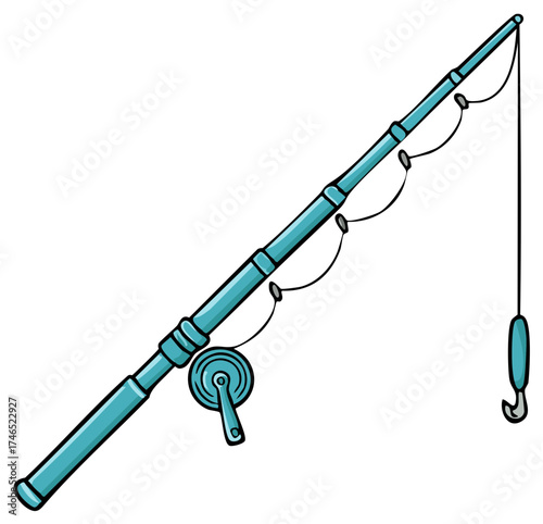 Simple Turquoise Fishing Rod With Reel and Hook Ready for Action