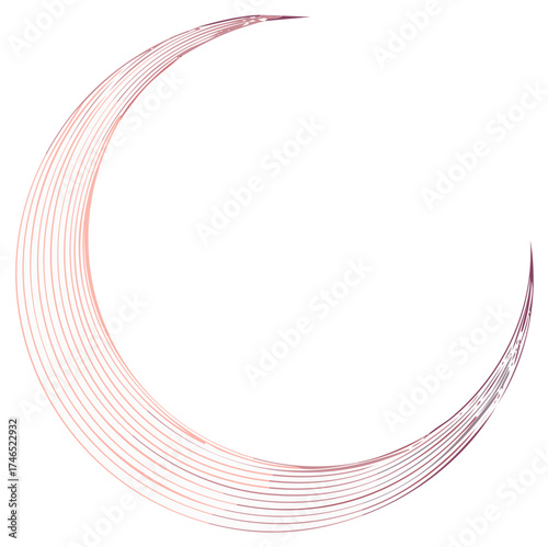Abstract moon phase design with thin overlapping curved lines in pink and purple gradient on white backdrop