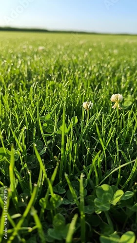 This serene close-up shot captures vibrant green grass and clover, beautifully adorned with sparkling morning dew drops. The delicate water droplets glisten under the bright sunlight, creating a refre