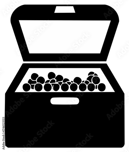 Simple vector icon of an open treasure chest full of gold coins. Black and white pirate treasure graphic.