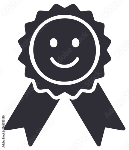 Award ribbon icon with a happy smiling face for customer satisfaction and quality guarantee