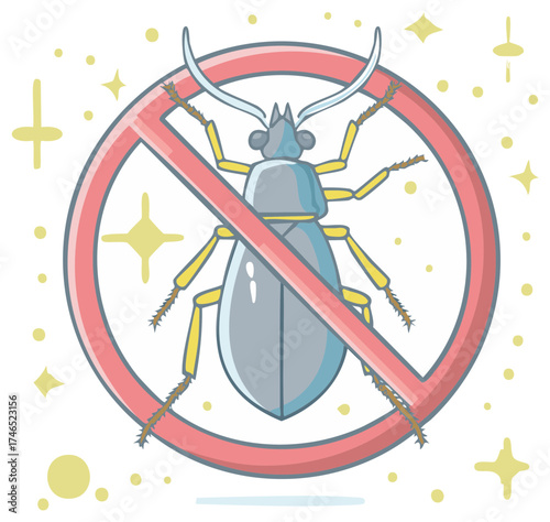 Cartoon Bug Under Red No Symbol Surrounded by Sparkles
