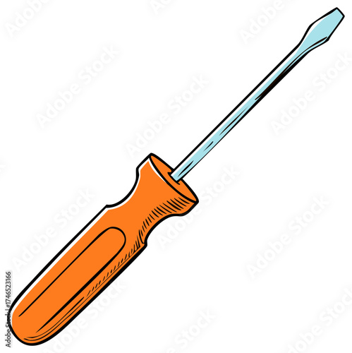 Classic flathead screwdriver with an orange handle illustrated in a simple cartoon style for DIY projects.