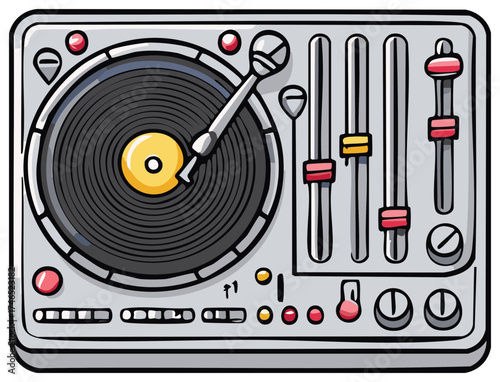 Vibrant cartoon illustration of a classic DJ turntable and audio mixer deck