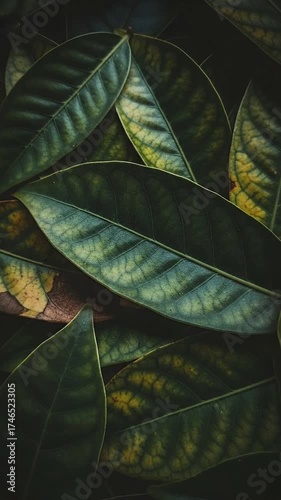 This vertical, close-up shot captures a rich tapestry of natural foliage, showcasing an intricate arrangement of dark green and subtly yellowing leaves. The scene evokes a tranquil, organic mood, high