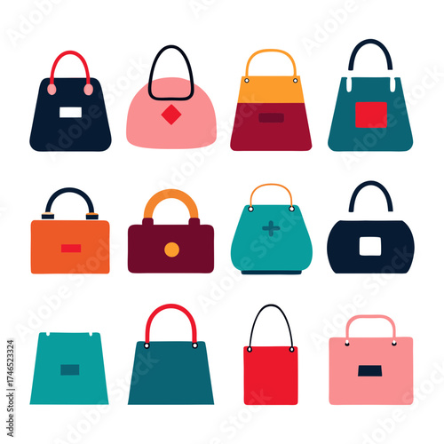 Diverse collection of 16 stylish handbags vector illustration fashion accessories