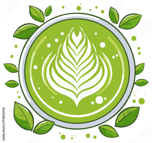 Vibrant green matcha latte with leaf art and surrounding leaves