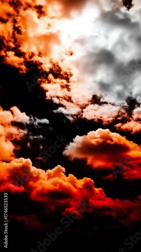 This video captures a breathtakingly dramatic sky filled with intensely colored clouds. Fiery orange and deep red hues swirl through dark, ominous formations, creating a powerful and visually striking