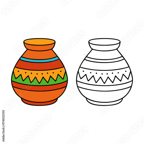 Vibrant colorful traditional ceramic pot decorated with geometric patterns vector illustration