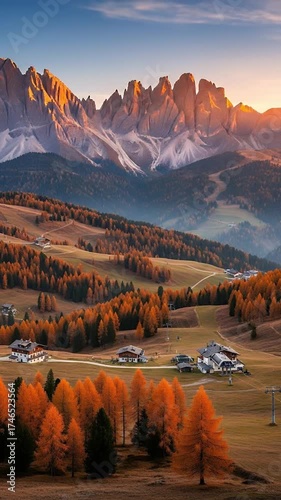 This video captures a magnificent panoramic vista of a serene mountain valley bathed in the warm glow of either dawn or dusk. Rolling hills are adorned with a vibrant tapestry of autumn foliage, showc