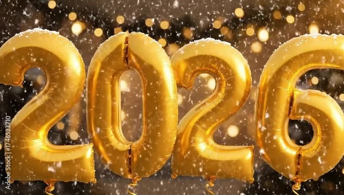 A beautiful and festive animation of gold foil balloons showing the numbers 2026. Gently falling snow and a warm, sparkling bokeh background create a magical New Year's Eve atmosphere