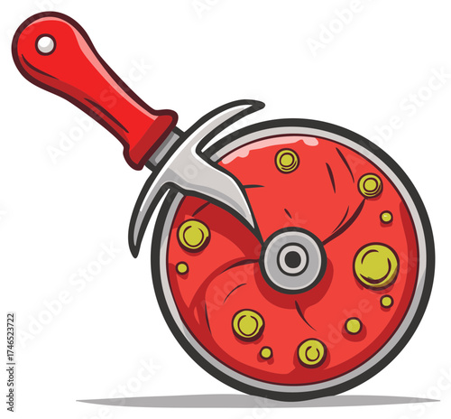 Cartoon Pizza Cutter with Red Handle and Toppings, Pizza Slicer Kitchen Utensil