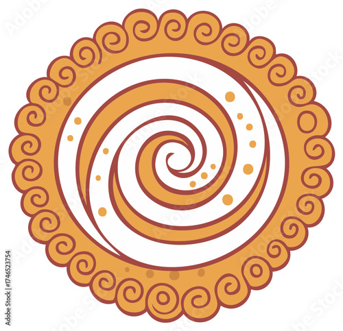 Stylized Round Tart Dessert Swirl Cream Filling with Dotted Topping and Scalloped Edge, Food Illustration