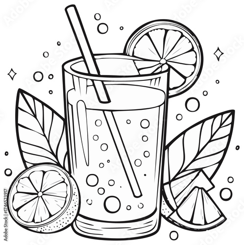 Fresh citrus drink with lemon slices and leaves on a white background line art